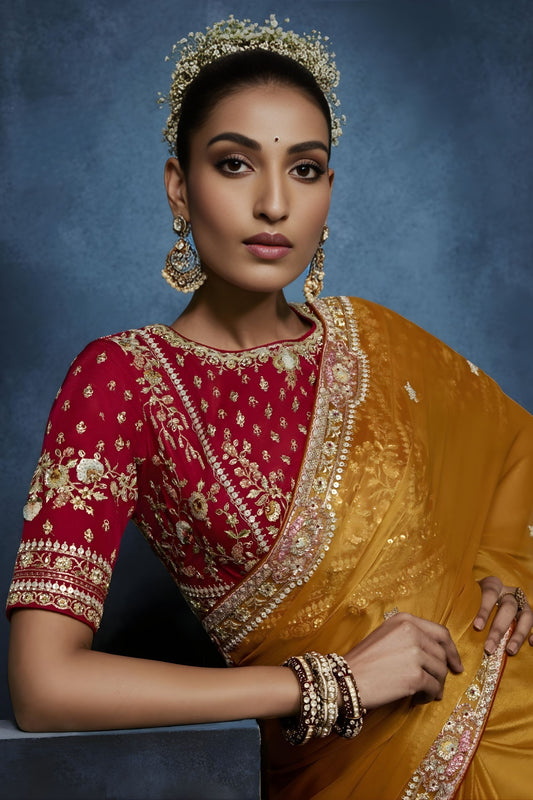 Mustard Yellow Embroidered Designer Saree with Heavy Border