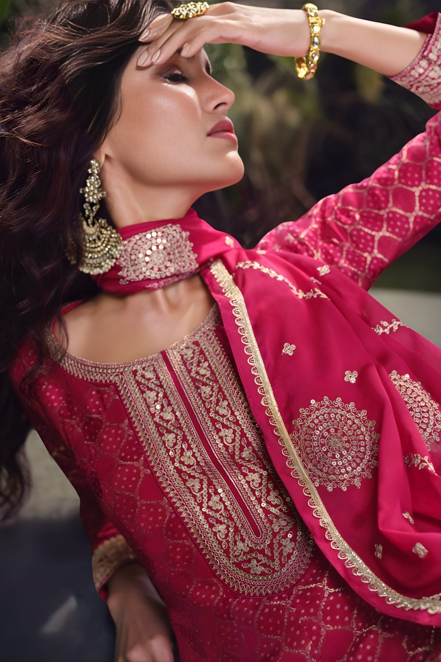 Graceful Rani Pink Viscose Jacquard Embroidered Designer Palazzo Suit with Dupatta for Wedding