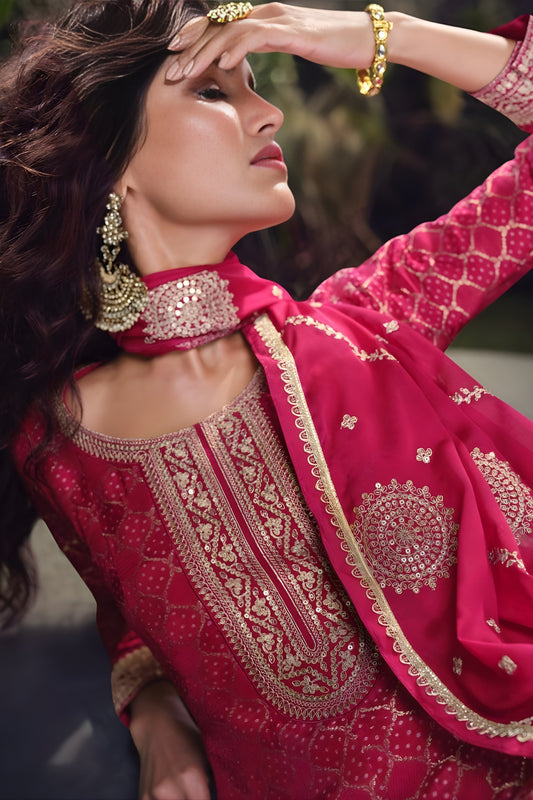 Graceful Rani Pink Viscose Jacquard Embroidered Designer Palazzo Suit with Dupatta for Wedding