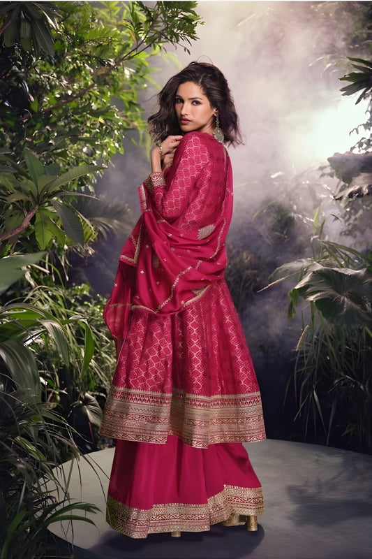 Graceful Rani Pink Viscose Jacquard Embroidered Designer Palazzo Suit with Dupatta for Wedding