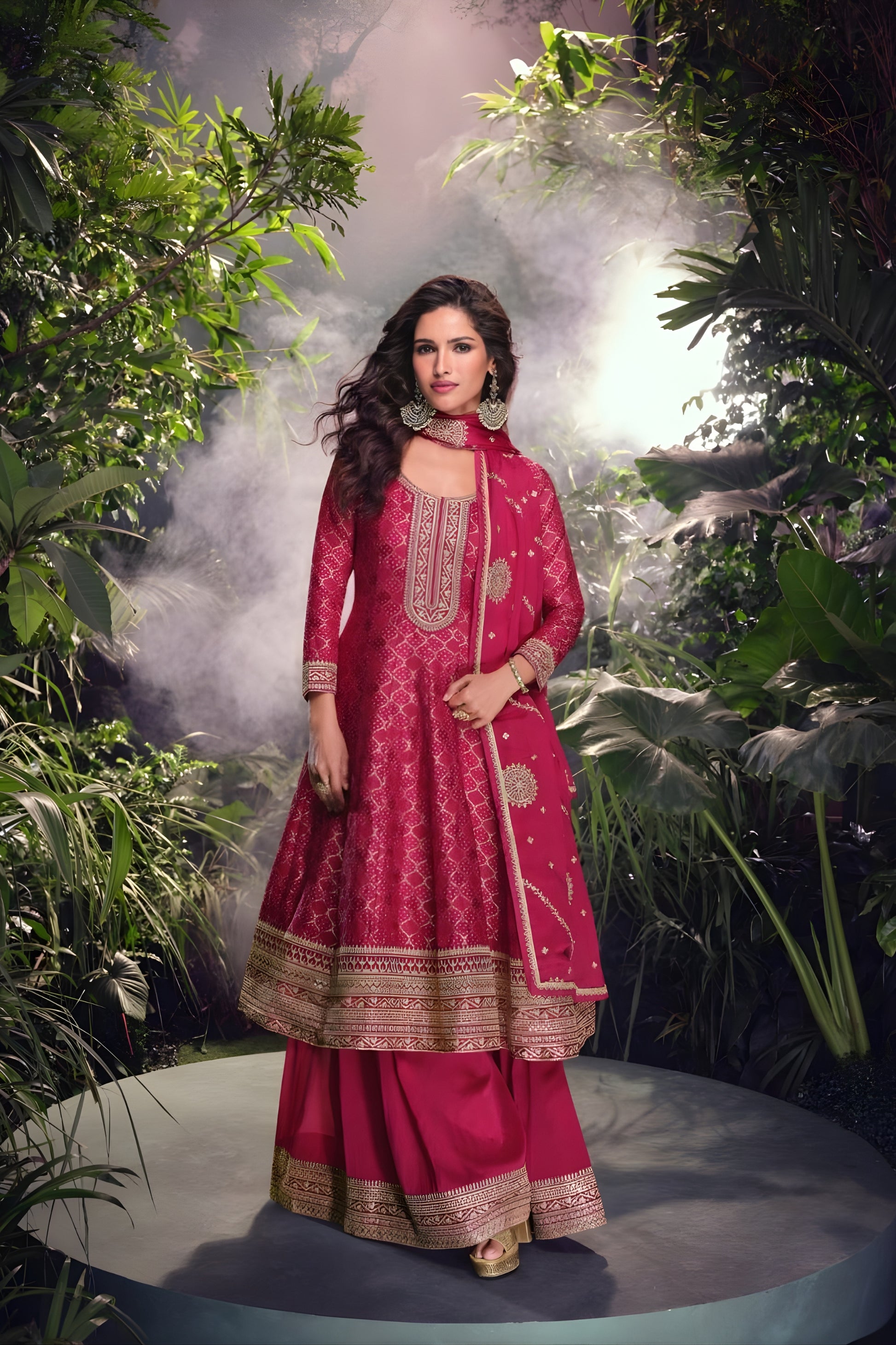 Graceful Rani Pink Viscose Jacquard Embroidered Designer Palazzo Suit with Dupatta for Wedding