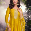 Elegant Mustard Yellow Viscose Jacquard Embroidered Designer Palazzo Suit with Dupatta for Wedding