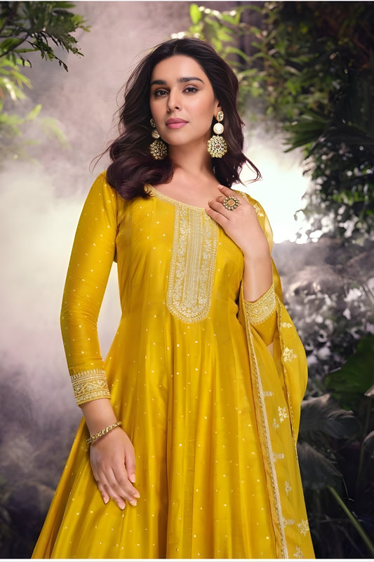 Elegant Mustard Yellow Viscose Jacquard Embroidered Designer Palazzo Suit with Dupatta for Wedding