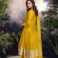 Elegant Mustard Yellow Viscose Jacquard Embroidered Designer Palazzo Suit with Dupatta for Wedding
