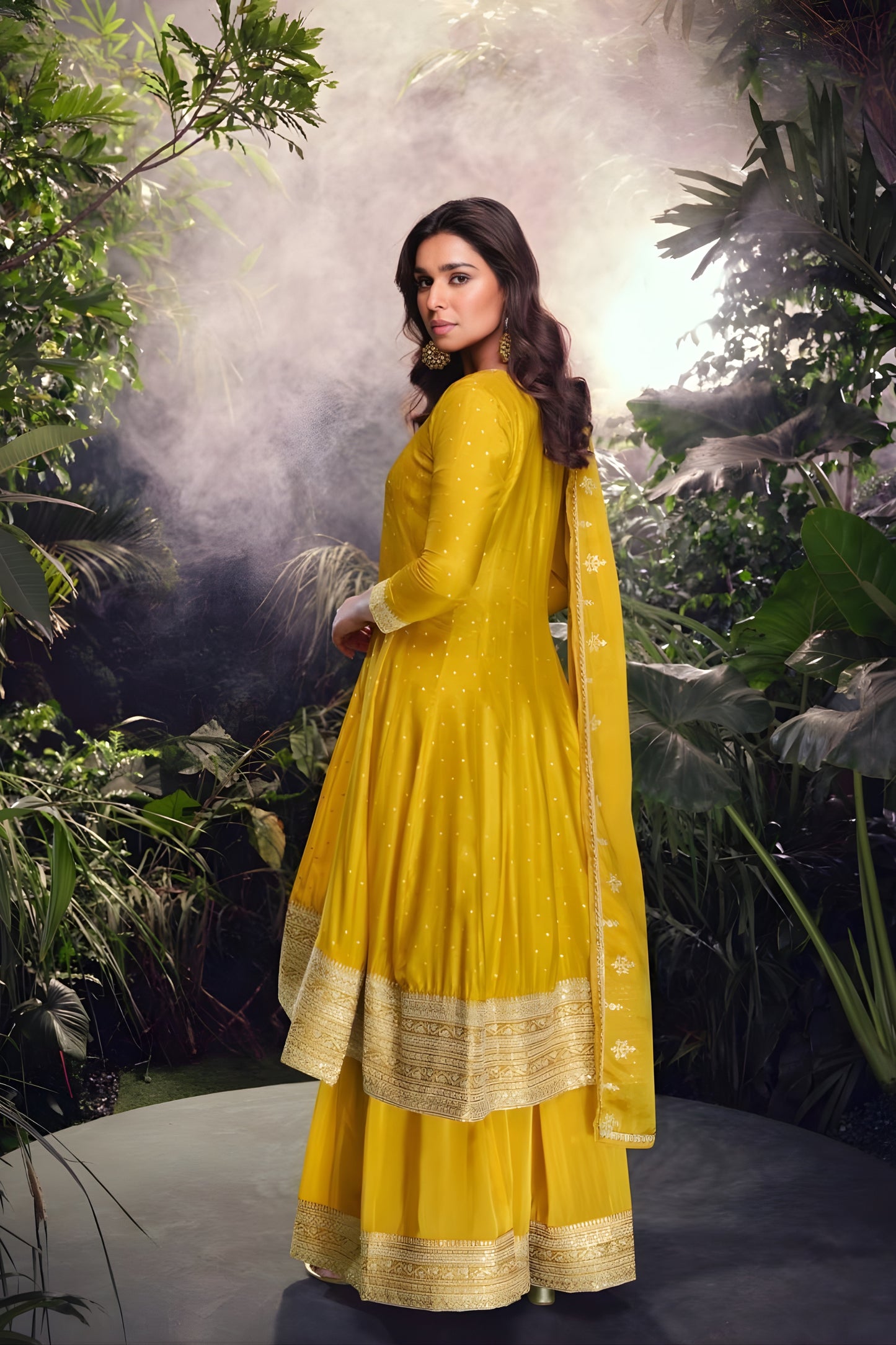 Elegant Mustard Yellow Viscose Jacquard Embroidered Designer Palazzo Suit with Dupatta for Wedding
