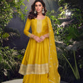 Elegant Mustard Yellow Viscose Jacquard Embroidered Designer Palazzo Suit with Dupatta for Wedding