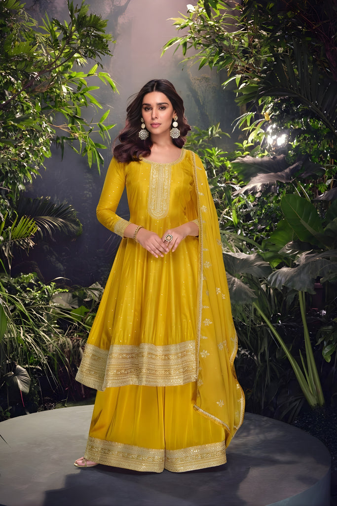 Elegant Mustard Yellow Viscose Jacquard Embroidered Designer Palazzo Suit with Dupatta for Wedding