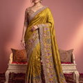 Regal Mustard Yellow Natural Crepe Saree Aari Hand Work for Women
