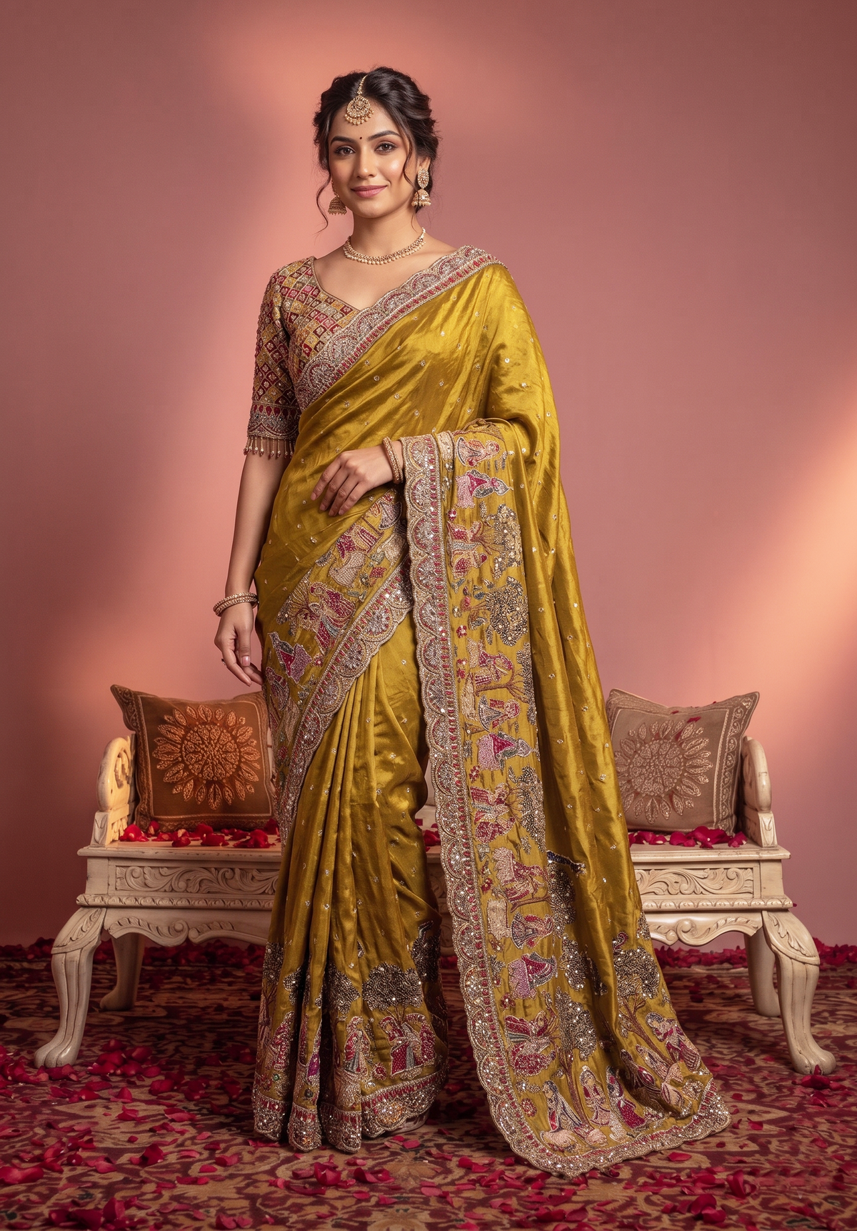 Regal Mustard Yellow Natural Crepe Saree Aari Hand Work for Women