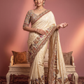 Exquisite Cream Natural Crepe Saree Aari Hand Work for Women