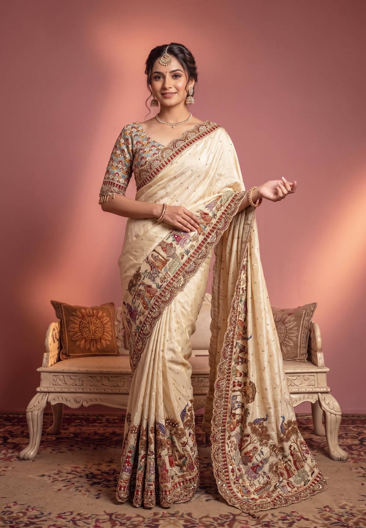 Exquisite Cream Natural Crepe Saree Aari Hand Work for Women