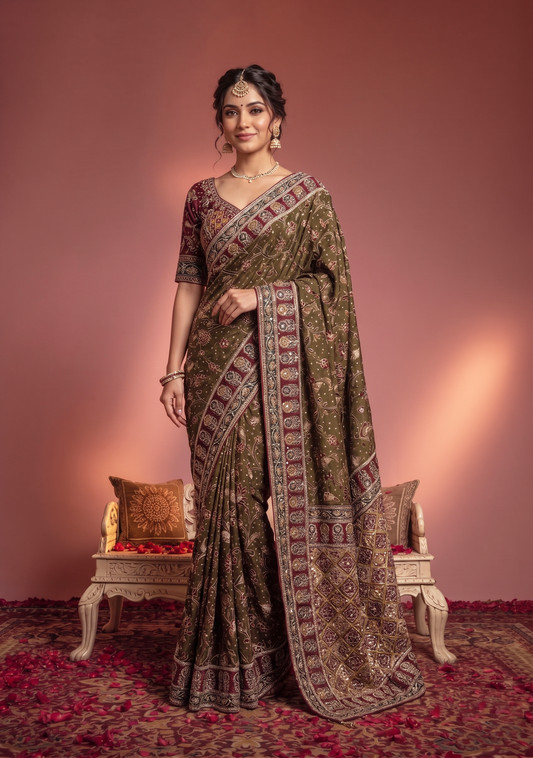 Elegant Olive Green Natural Crepe Saree with Aari Hand Work for Women