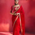 Vibrant Red Fancy Soft Silk Saree Thread Embroidery Sequin Work for Women