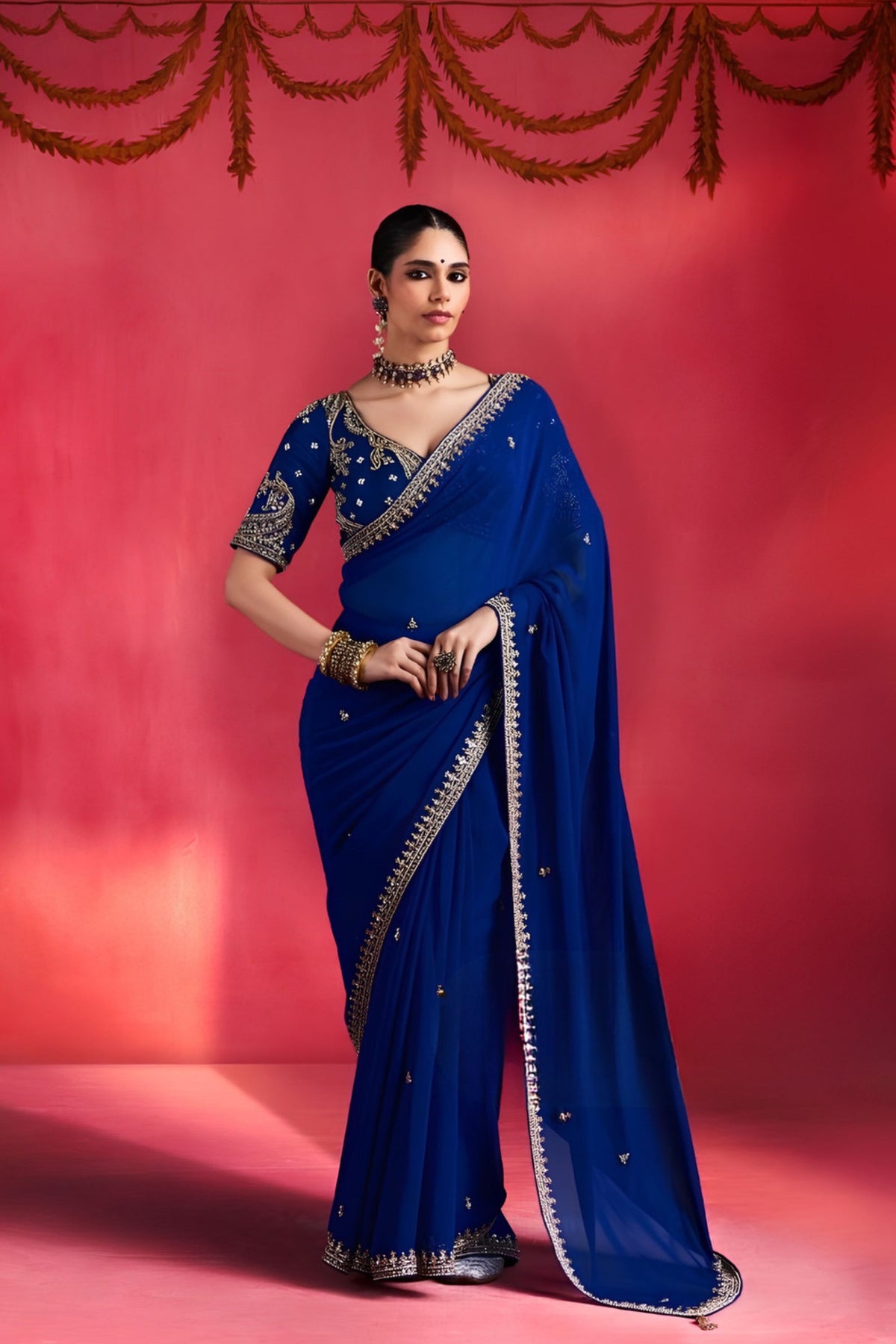 Royal Blue Fancy Soft Silk Saree Thread Embroidery Sequin Work for Women