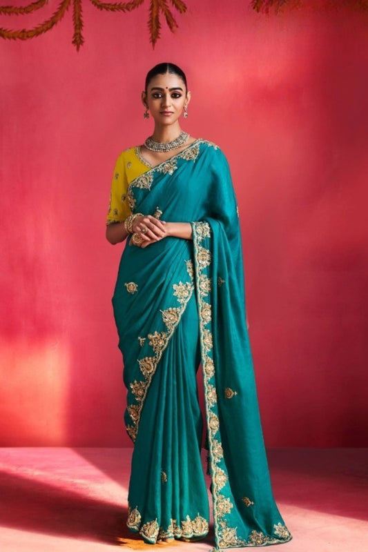 Grateful Teal Blue Fancy Soft Silk Saree Thread Embroidery Sequin Work for Women