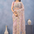 Dusty Pink Floral Embroidered Net Saree with Designer Border