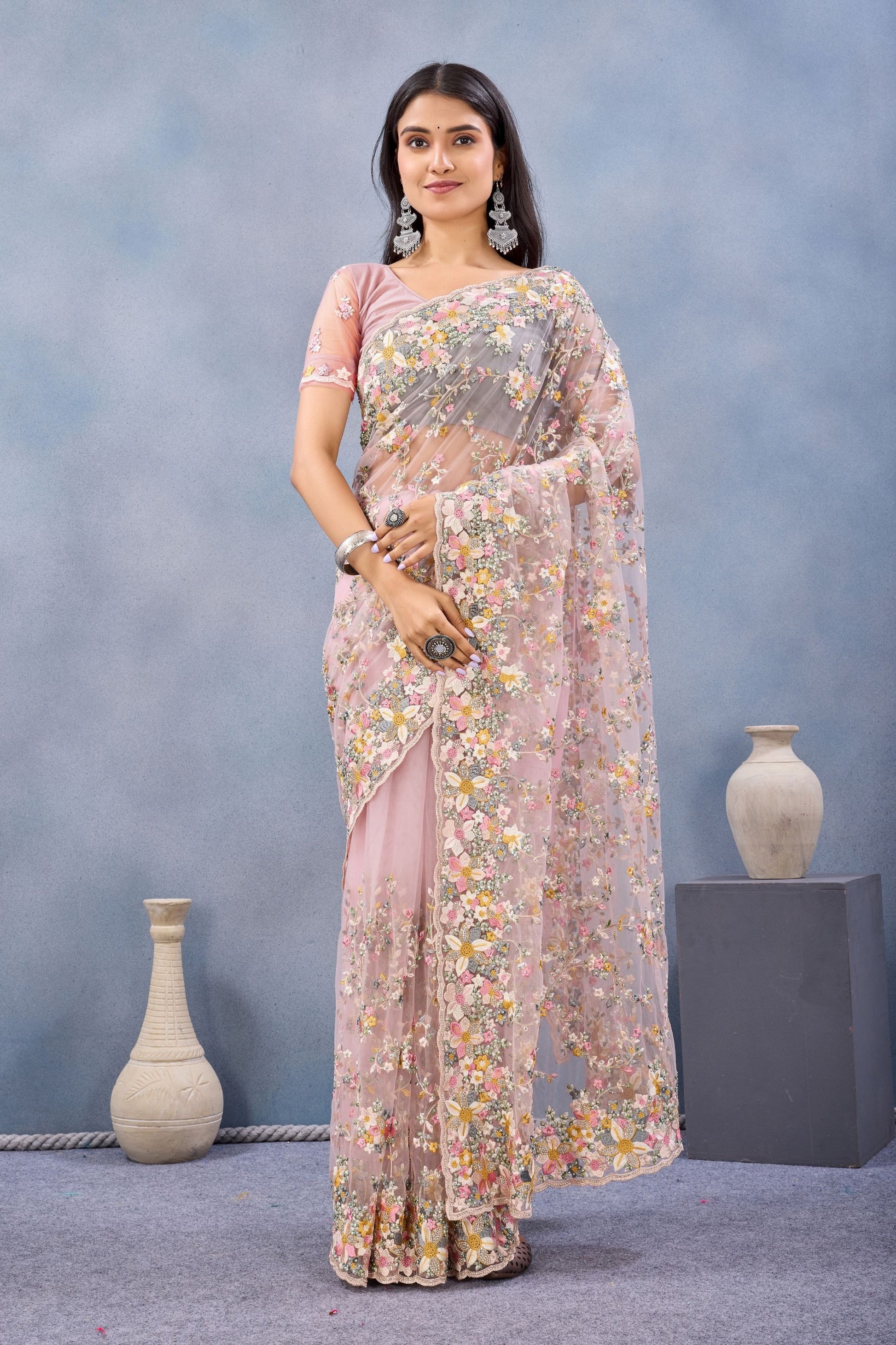 Dusty Pink Floral Embroidered Net Saree with Designer Border
