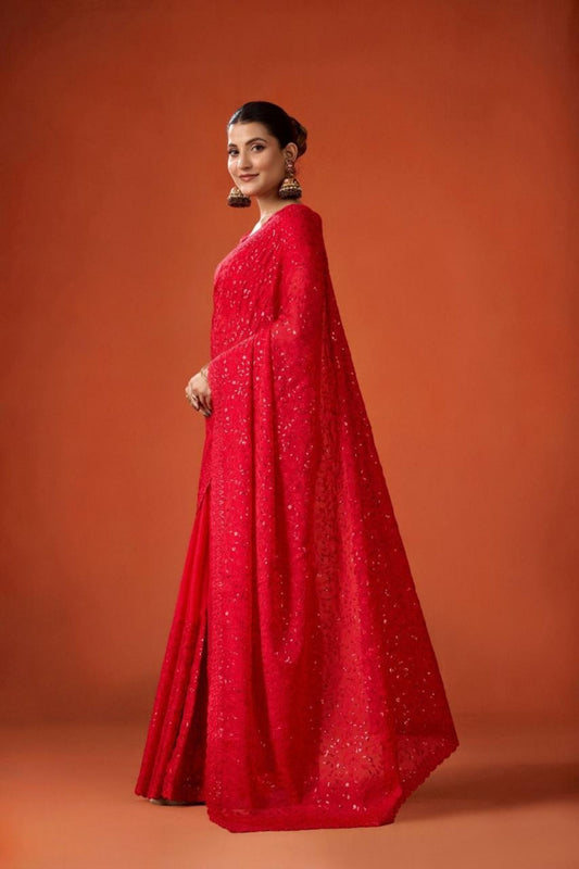 Red Embroidered Georgette Saree with Blouse Piece Party Wear Saree
