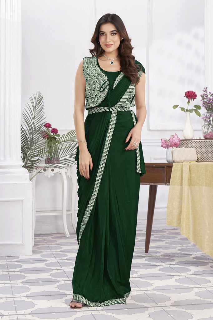 Bottle Green Designer Saree with Embroidered Sleeveless Blouse