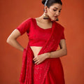 Red Embroidered Georgette Saree with Blouse Piece Party Wear Saree