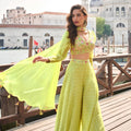 Vibrant Lime Green Viscose Jacquard Silk Palazzo Suit Set Embroidered Silk Blouse