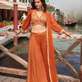 Stylish Orange Viscose Jacquard Silk Designer Palazzo Suit Set Embroidered Silk Blouse