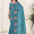Teal Green Organza Saree with Floral Embroidery Designer Blouse