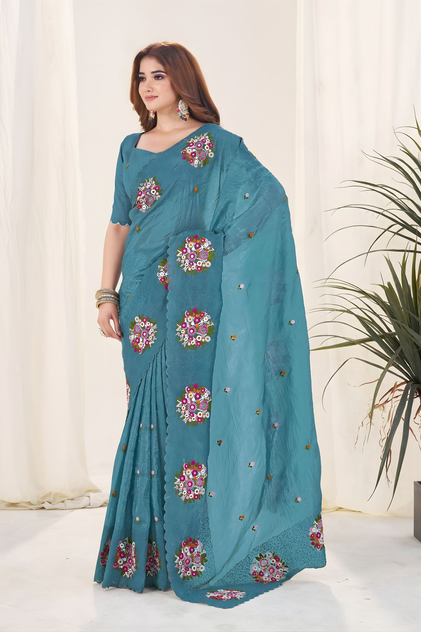 Teal Green Organza Saree with Floral Embroidery Designer Blouse