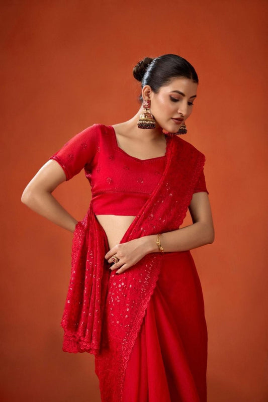 Red Embroidered Georgette Saree with Blouse Piece Party Wear Saree