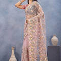 Dusty Pink Floral Embroidered Net Saree with Designer Border