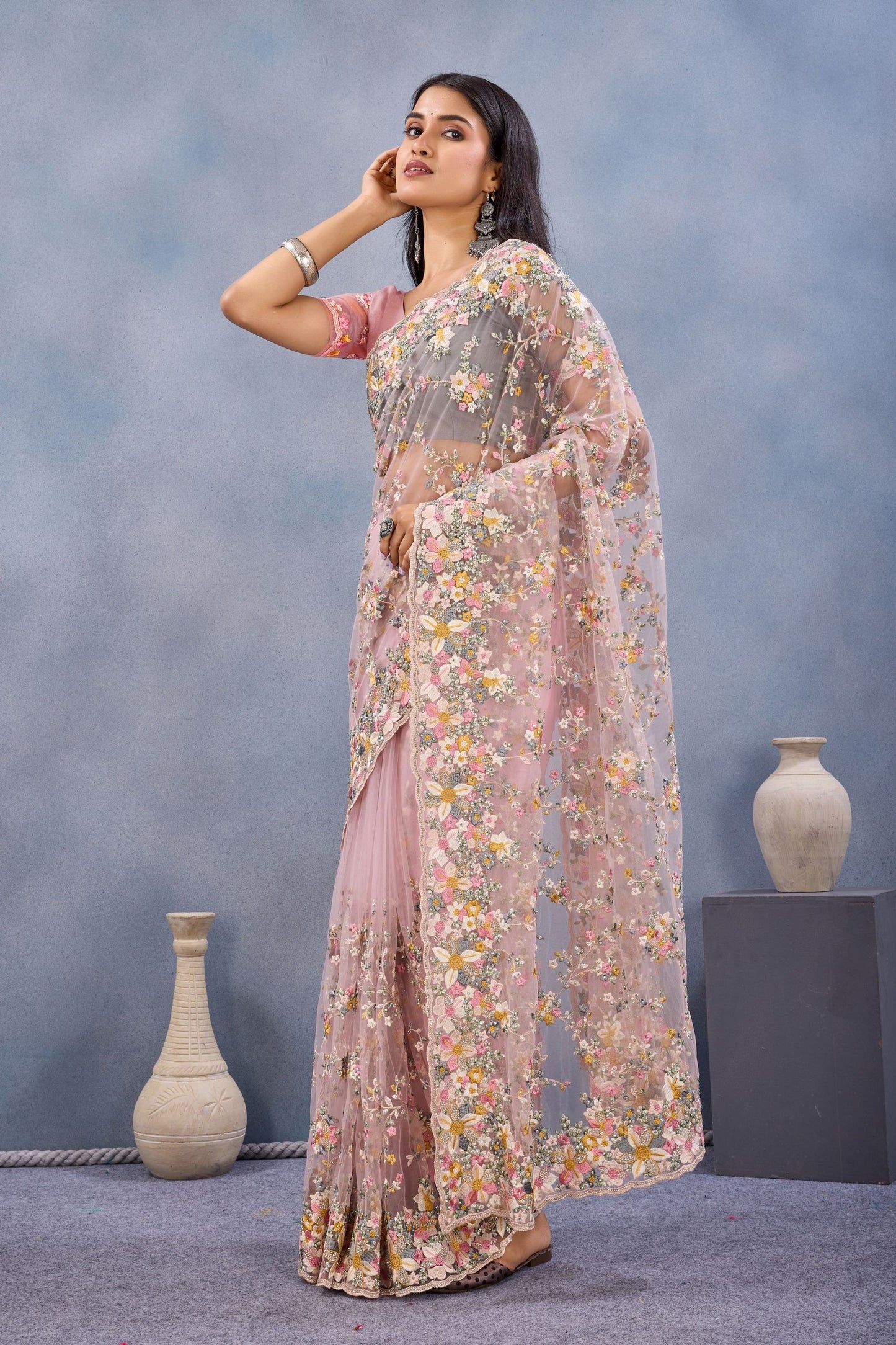 Dusty Pink Floral Embroidered Net Saree with Designer Border