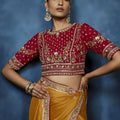 Mustard Yellow Embroidered Designer Saree with Heavy Border