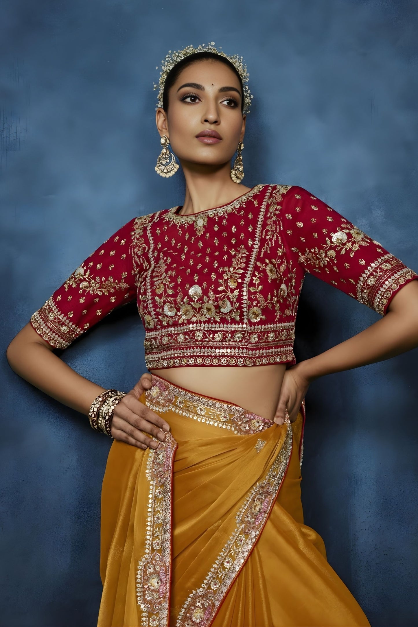 Mustard Yellow Embroidered Designer Saree with Heavy Border
