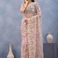 Dusty Pink Floral Embroidered Net Saree with Designer Border