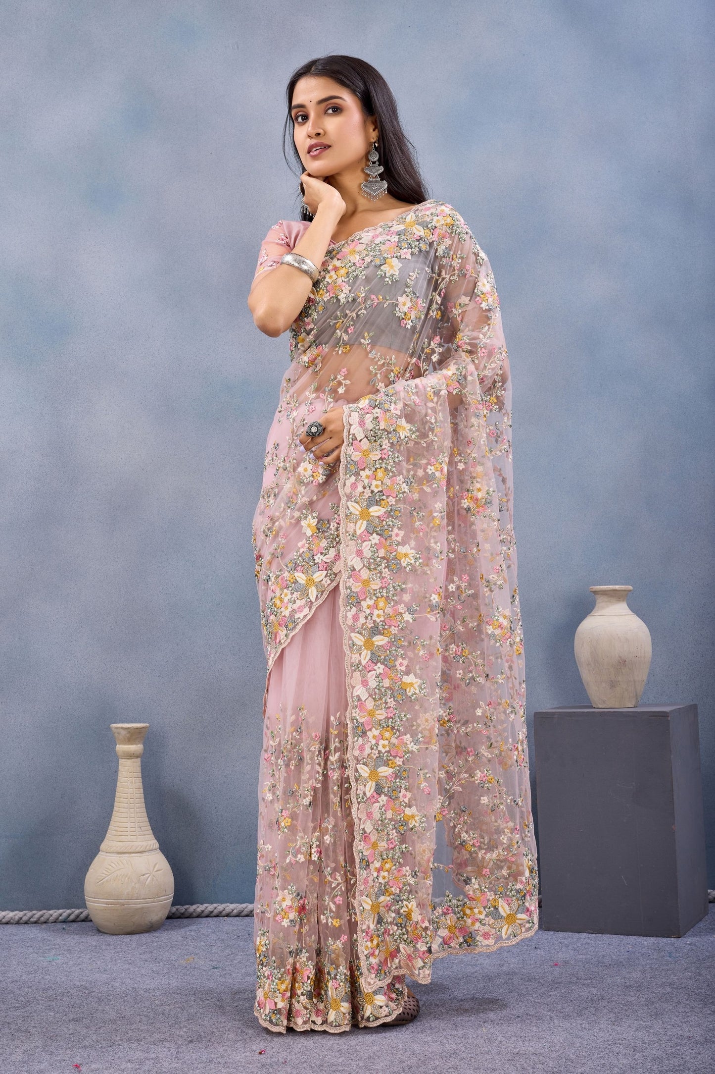 Dusty Pink Floral Embroidered Net Saree with Designer Border