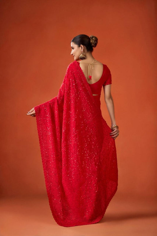 Red Embroidered Georgette Saree with Blouse Piece Party Wear Saree
