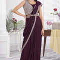 Wine Purple Designer Saree Heavy Embroidered Sleeveless Blouse