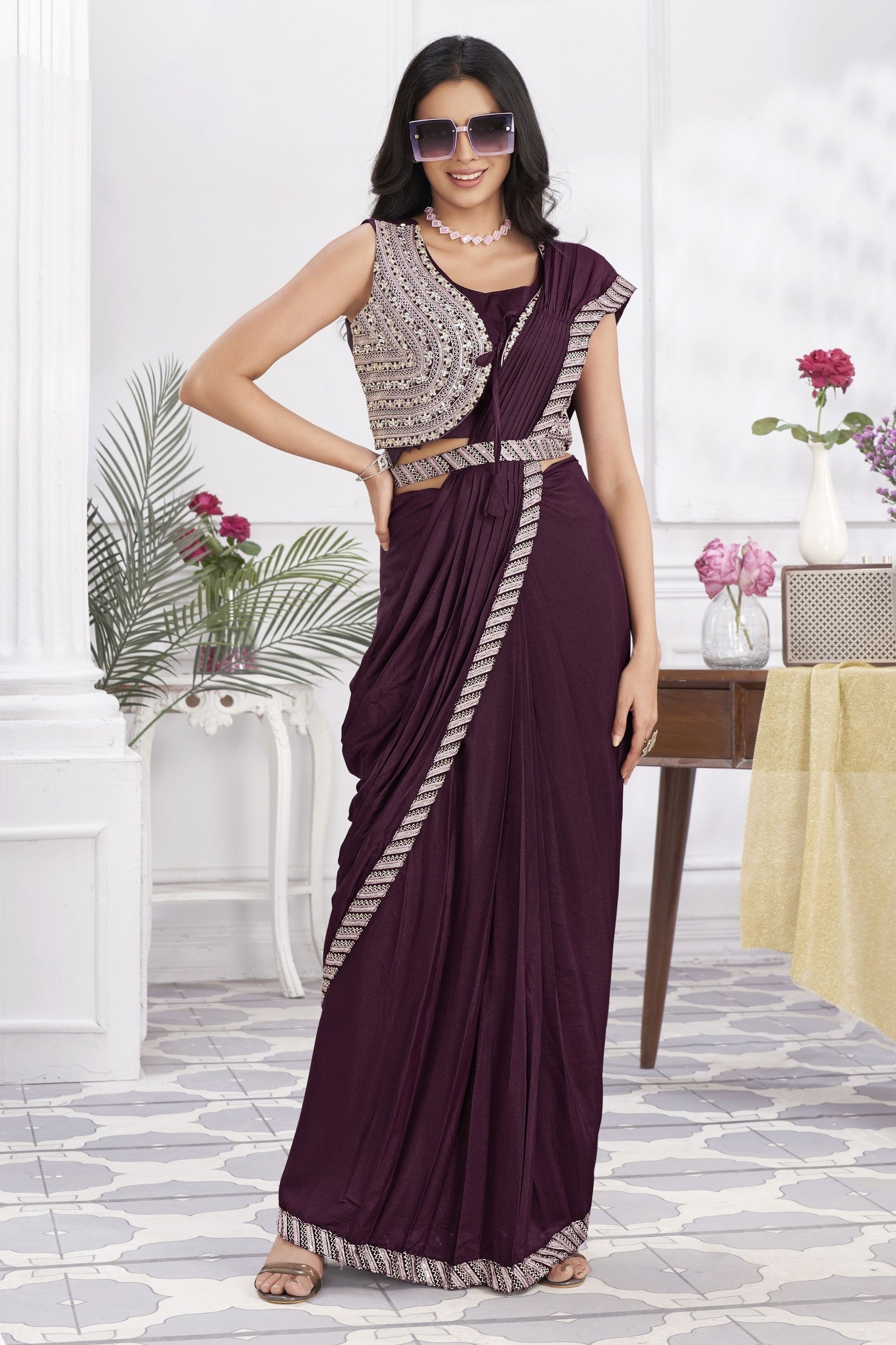 Wine Purple Designer Saree Heavy Embroidered Sleeveless Blouse