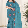 Teal Green Organza Saree with Floral Embroidery Designer Blouse