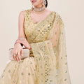 Cream Gold Net Saree Heavy Sequins Embroidery Work Designer Blouse