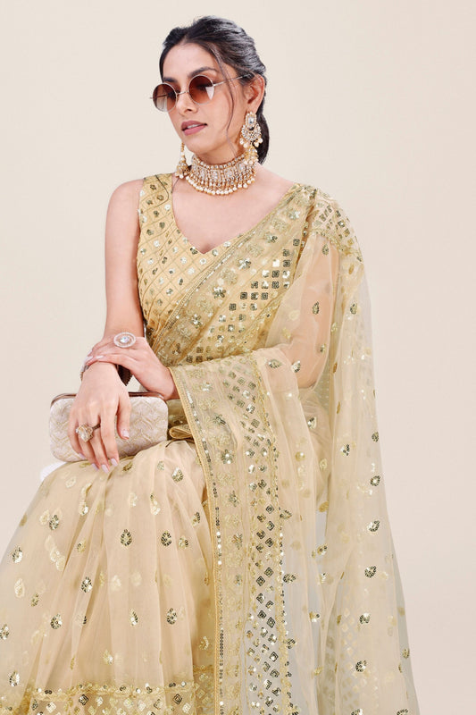 Cream Gold Net Saree Heavy Sequins Embroidery Work Designer Blouse