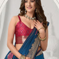 Royal Blue Kanjivaram Silk Saree Pink Zari Border Traditional Wear