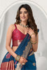 Royal Blue Kanjivaram Silk Saree Pink Zari Border Traditional Wear