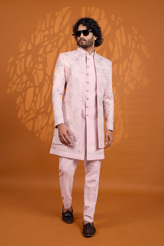 Superb Pink Indo Western Sherwani Heavy Embroidery With Designer Jacket
