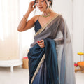 Navy Blue Organza Silk Saree Designer Lace Border Matching Blouse