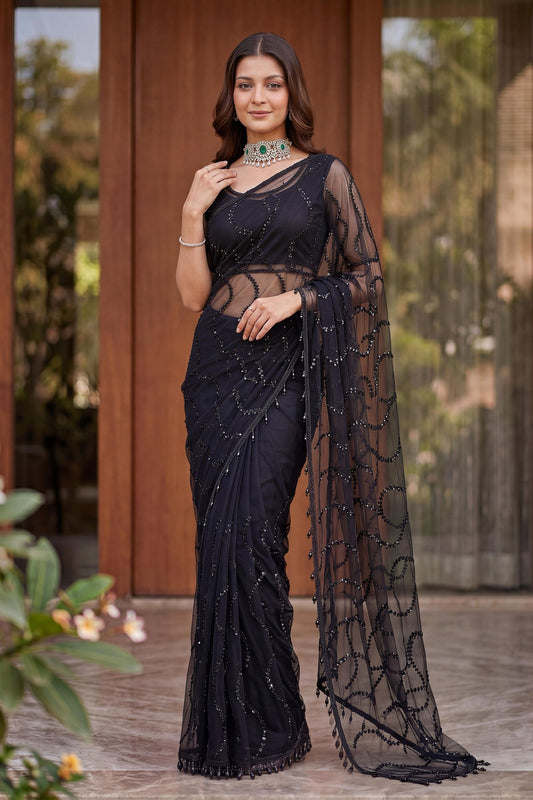 Black Designer Net Saree with Sequins Embroidery Party Wear