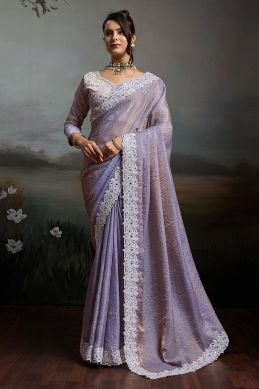 Designer Lavender Silk Saree with Floral Lace Border Party  Wear