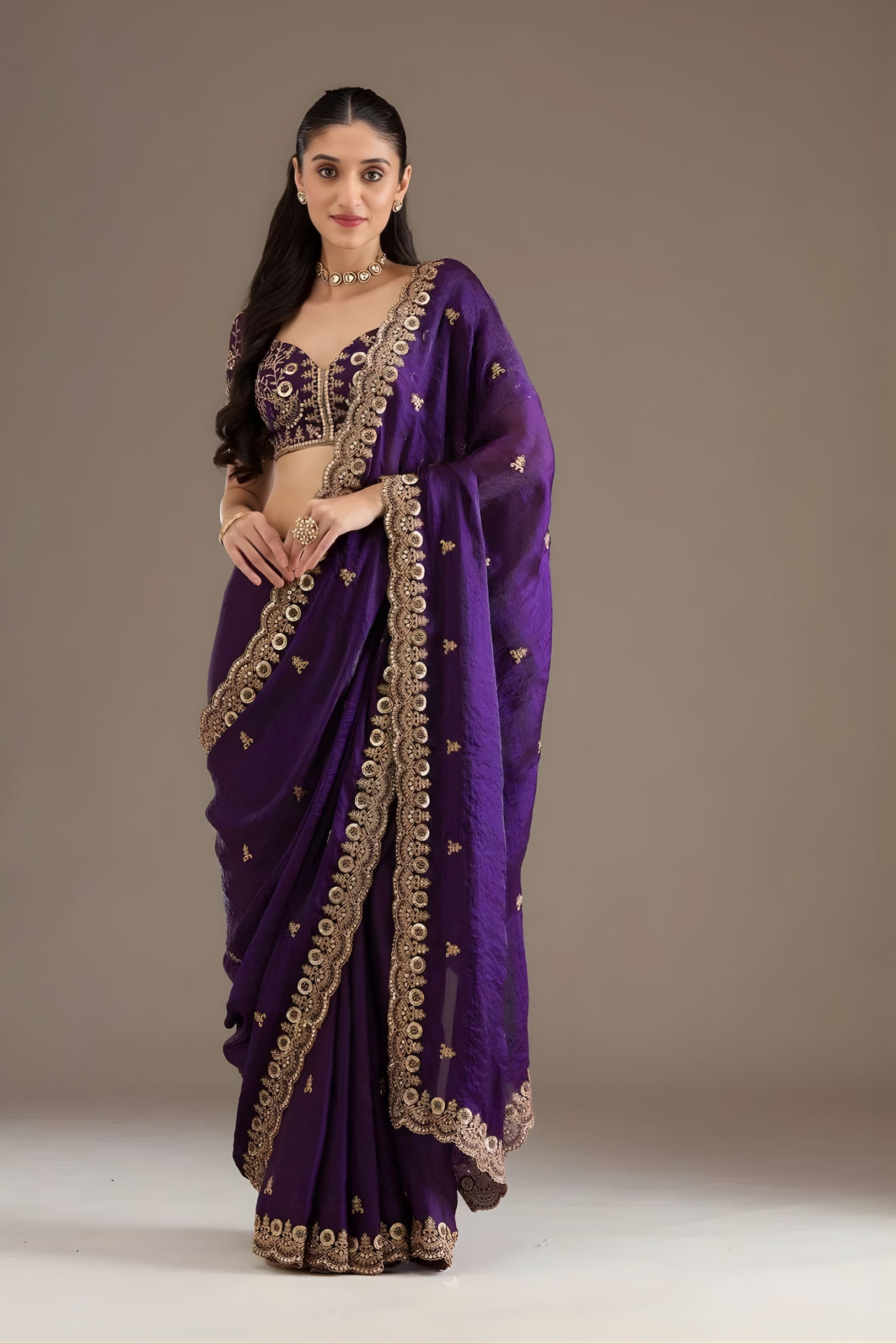 Royal Purple Silk Saree with Heavy Zari Embroidered Border Designer Blouse 