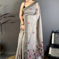  Grey Linen Cotton Saree Floral Hand Block Print Traditional Border 