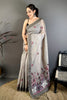  Grey Linen Cotton Saree Floral Hand Block Print Traditional Border 